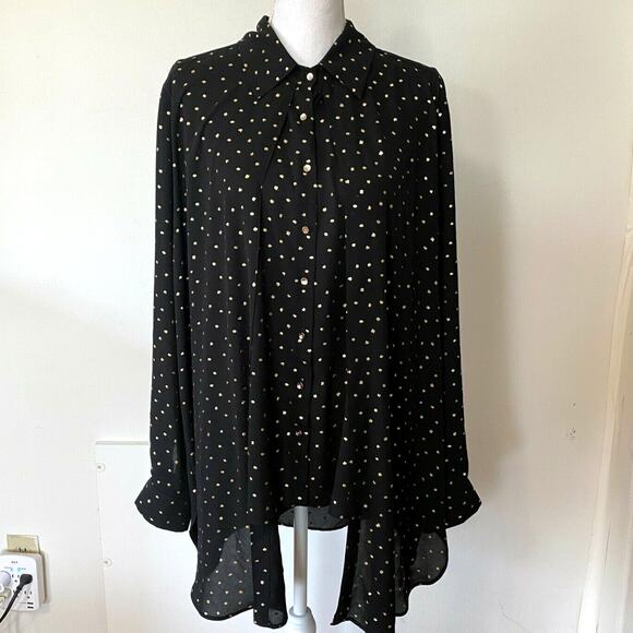 Cartise Black and Gold Polka Dot Button Down Shirt Sheer Front Overlay Panel 14 - Picture 2 of 11